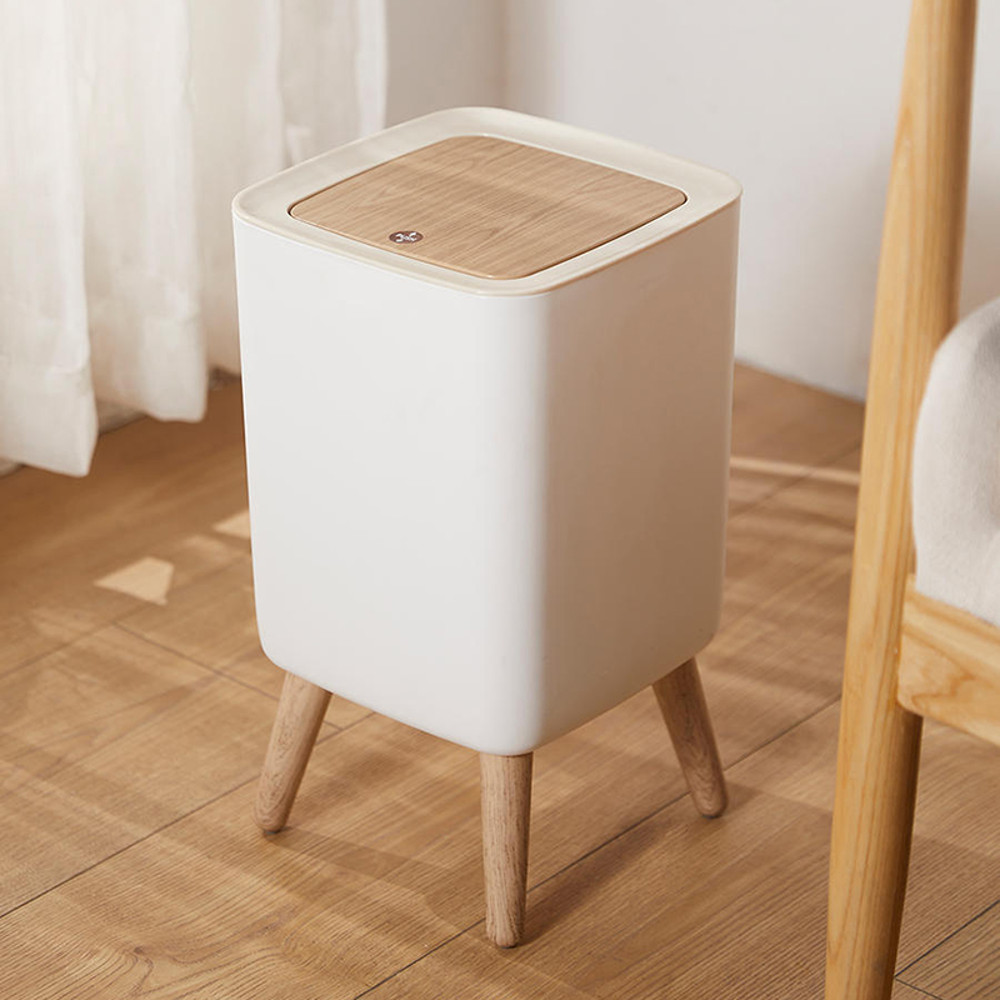 Press Trash Can High Clamshell White Imitation Wood Grain Suitable For Bedroom Bathroom Living Room 2