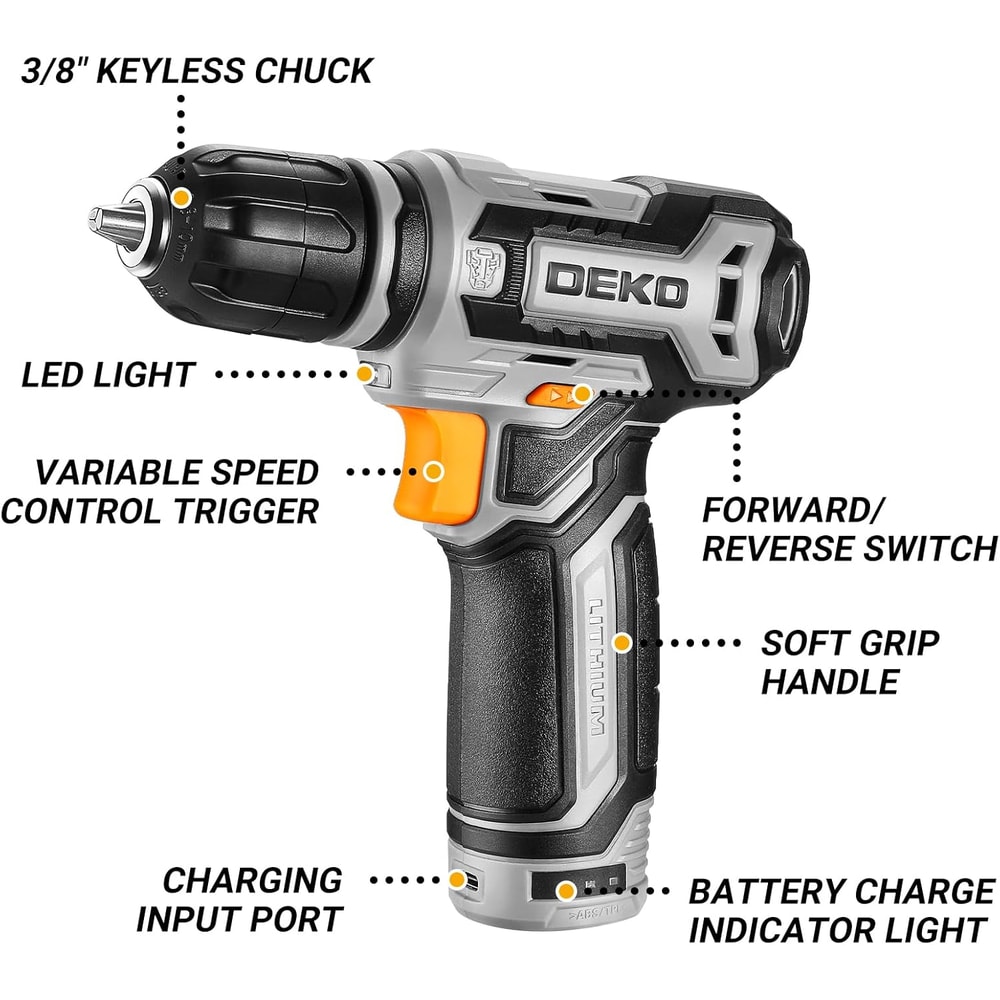 DEKO Cordless Drill Set With Rechargeable Battery Small Electric Drill With Keyless Chuck Portable 1