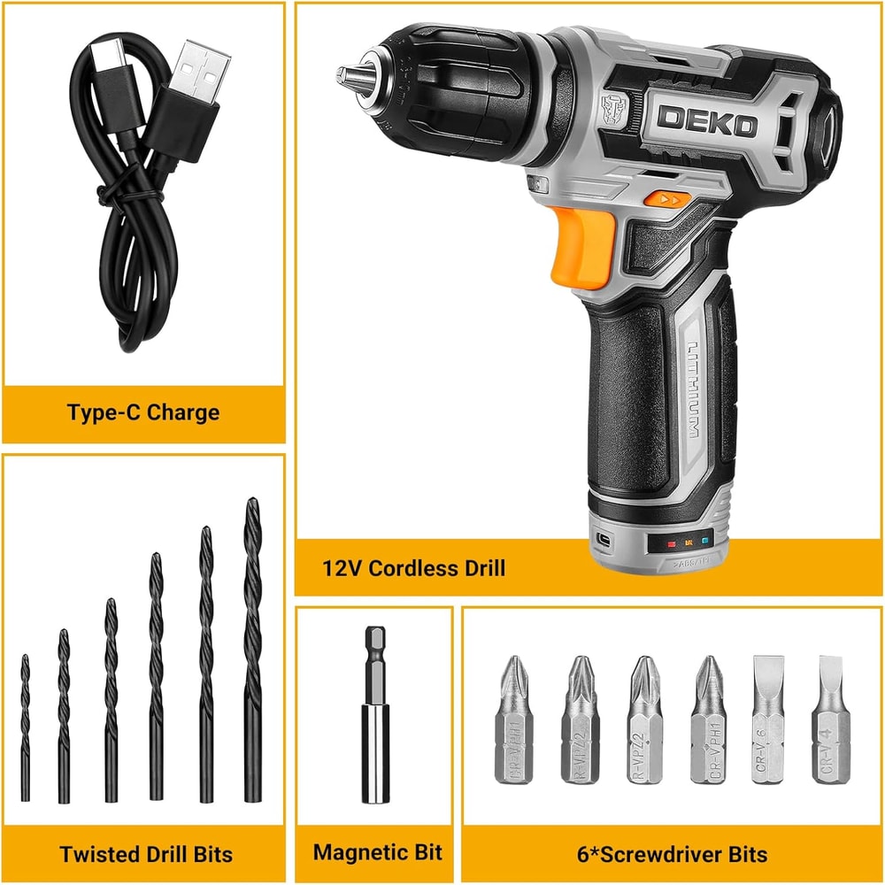 DEKO Cordless Drill Set With Rechargeable Battery Small Electric Drill With Keyless Chuck Portable 2