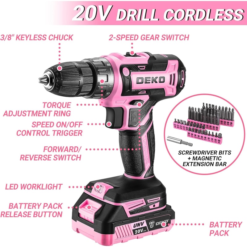 Pink Cordless Power Drill Kit Electric Drill With Battery Tool Set In Toolbox 2