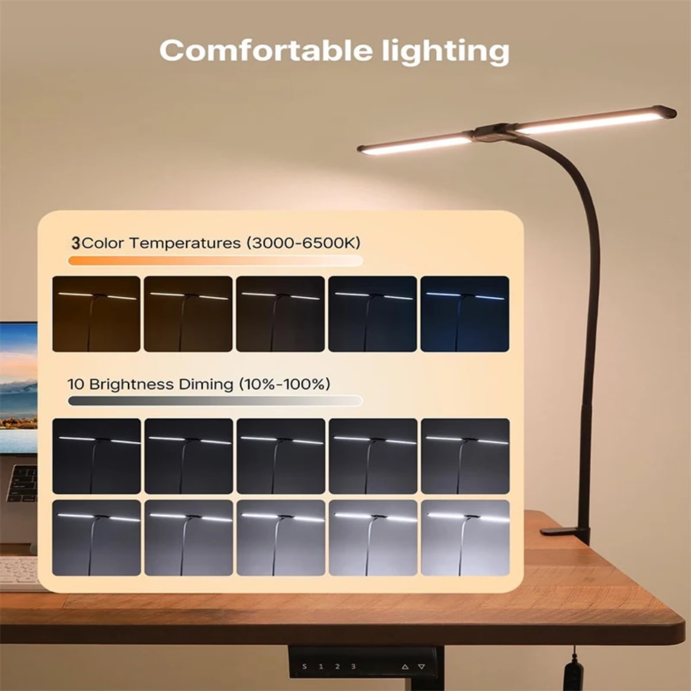 LED Desk Lamp with Double Head, Powerful Illuminated Architect Light, Clip-On Design