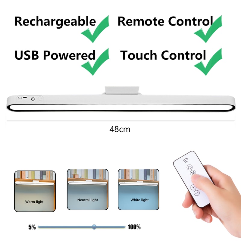 Magnetic Hanging Table Lamp, Remote Control Stepless Dimming LED, USB Rechargeable Night Light for Learning and Reading