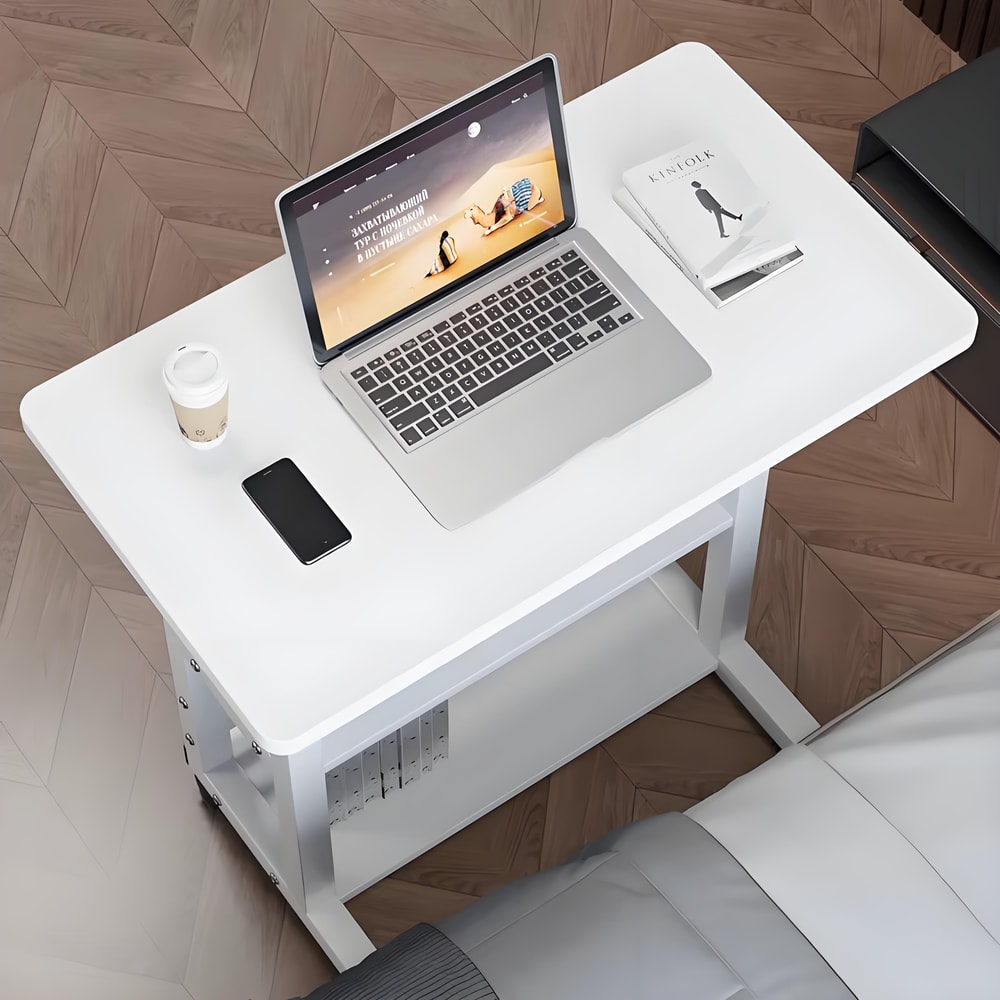 Movable DoubleLayer Desk With Storage Shelf White Lift Table Bedside Laptop Furniture For Office 1