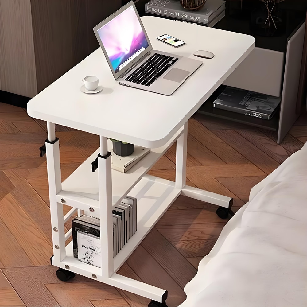 Movable DoubleLayer Desk With Storage Shelf White Lift Table Bedside Laptop Furniture For Office 0