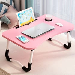 portable lap desk with adjustable desktop, folding laptop desk for bed, sofa, includes tablet slot and cup holder