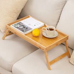bamboo bed tray table with folding legs, portable snack tray for sofa eating, drawing, platters, lap desk serving tray