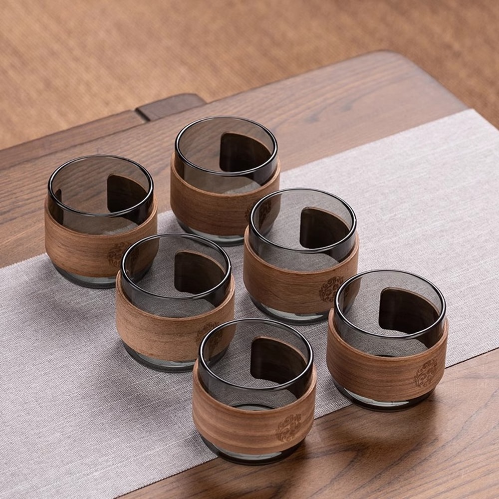 Home Coffee Espresso Mug Set Heatresistant Glass Tea Cup Scald Proof Wooden Holder Kungfu Tea Maste 6