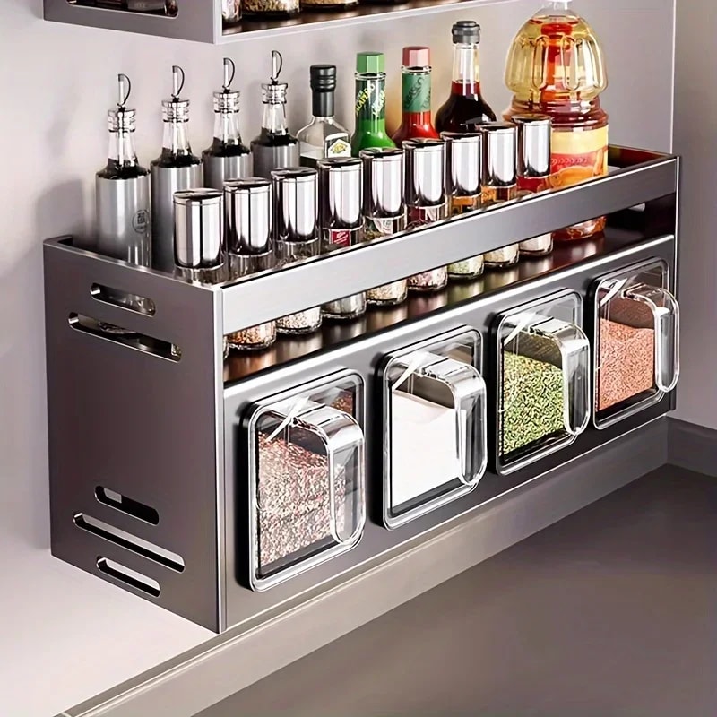 WallMounted MultiFunctional Spice Rack Stainless Steel Kitchen Spice Rack Box Kitchen Storage Organ 0