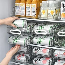 pop soda can dispenser for fridge, stackable refrigerator organizer bins, beverage holder, clear plastic canned food