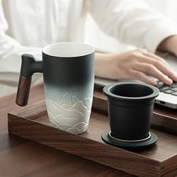 luxury ceramic mug with lid, large capacity, wooden handle, retro tea cup, personalized office thermal mug, unique drink