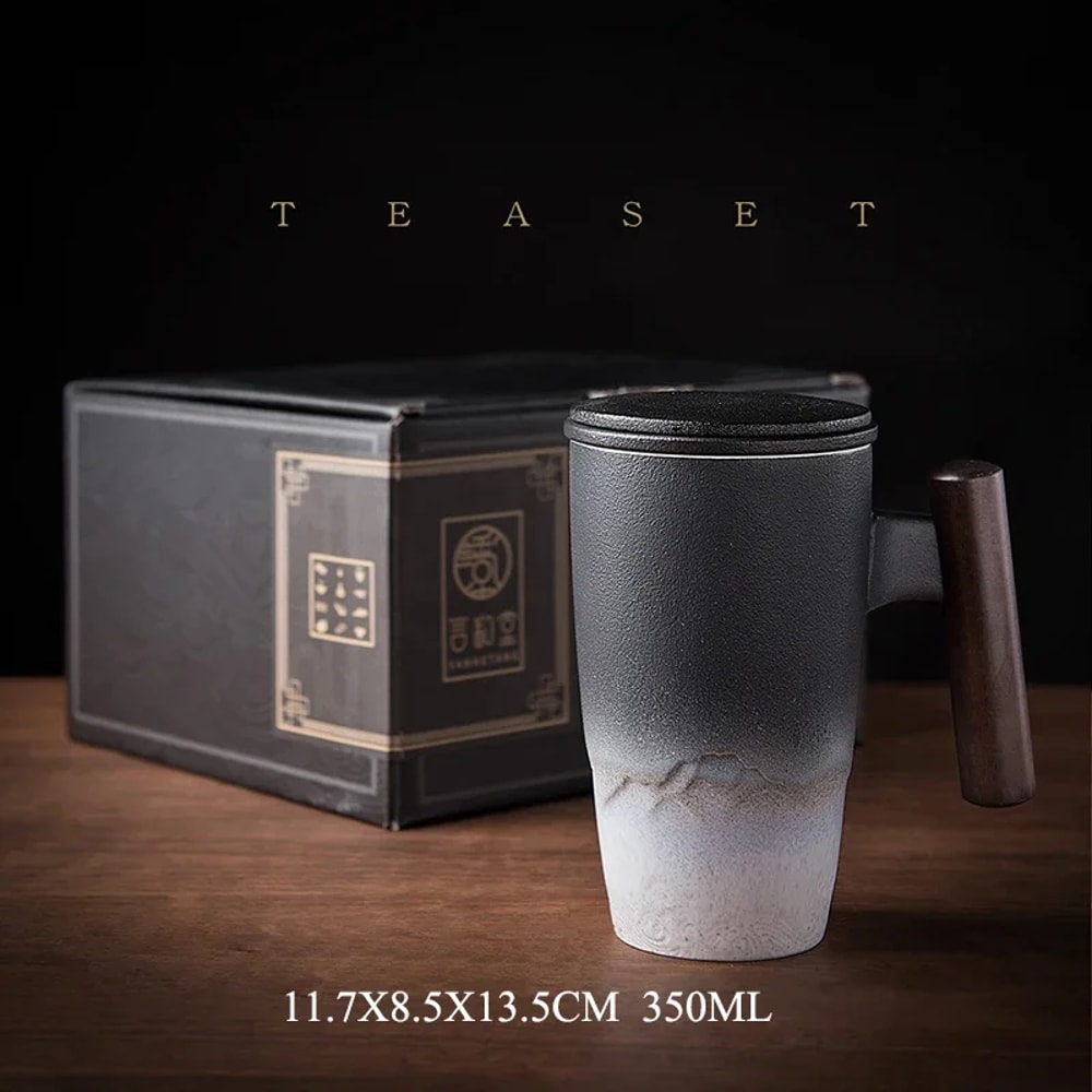 Luxury Ceramic Mug With Lid Large Capacity Wooden Handle Retro Tea Cup Personalized Office Thermal 6