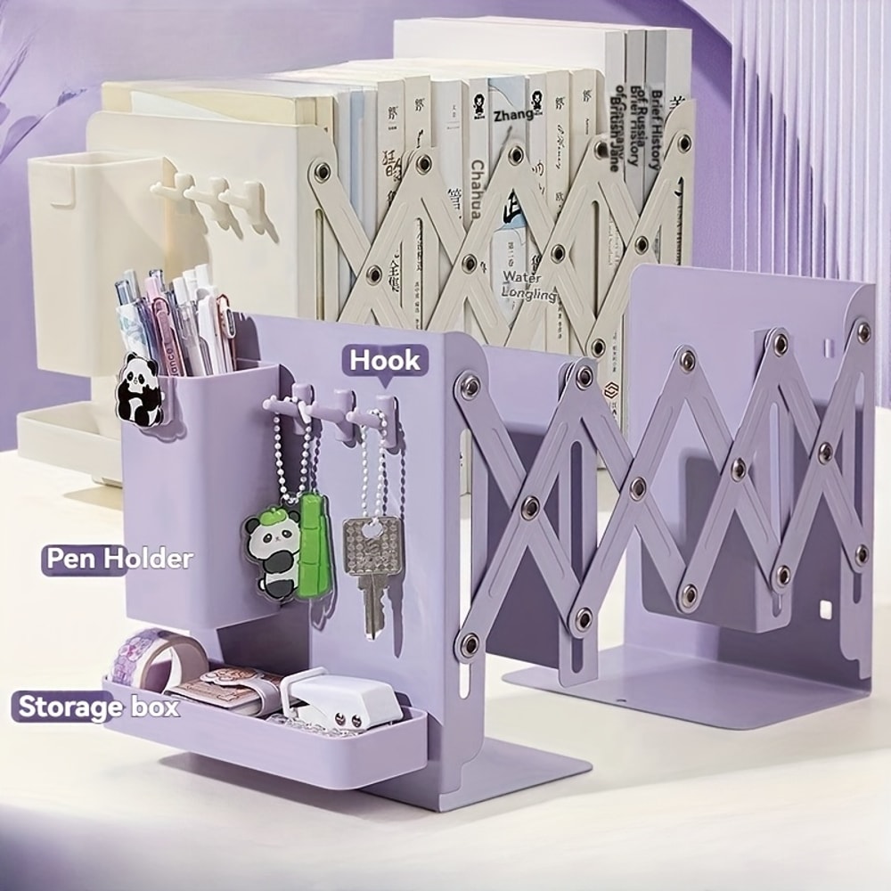 Retractable Bookends With Pen Holder Hooks And Storage Boxes Foldable SpaceSaving Desktop Organizer 1