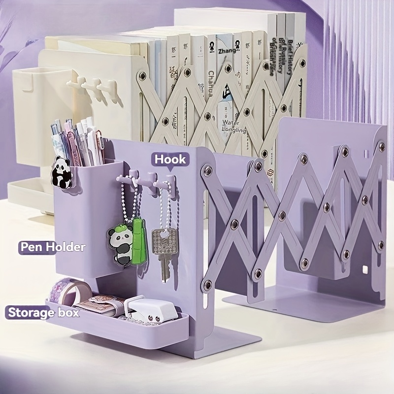 Retractable Bookends With Pen Holder Hooks And Storage Boxes Foldable SpaceSaving Desktop Organizer 1