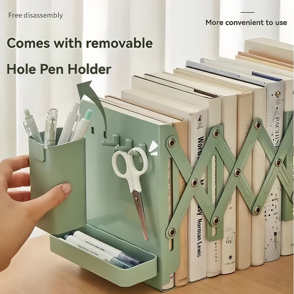 Retractable Bookends With Pen Holder Hooks And Storage Boxes Foldable SpaceSaving Desktop Organizer 2