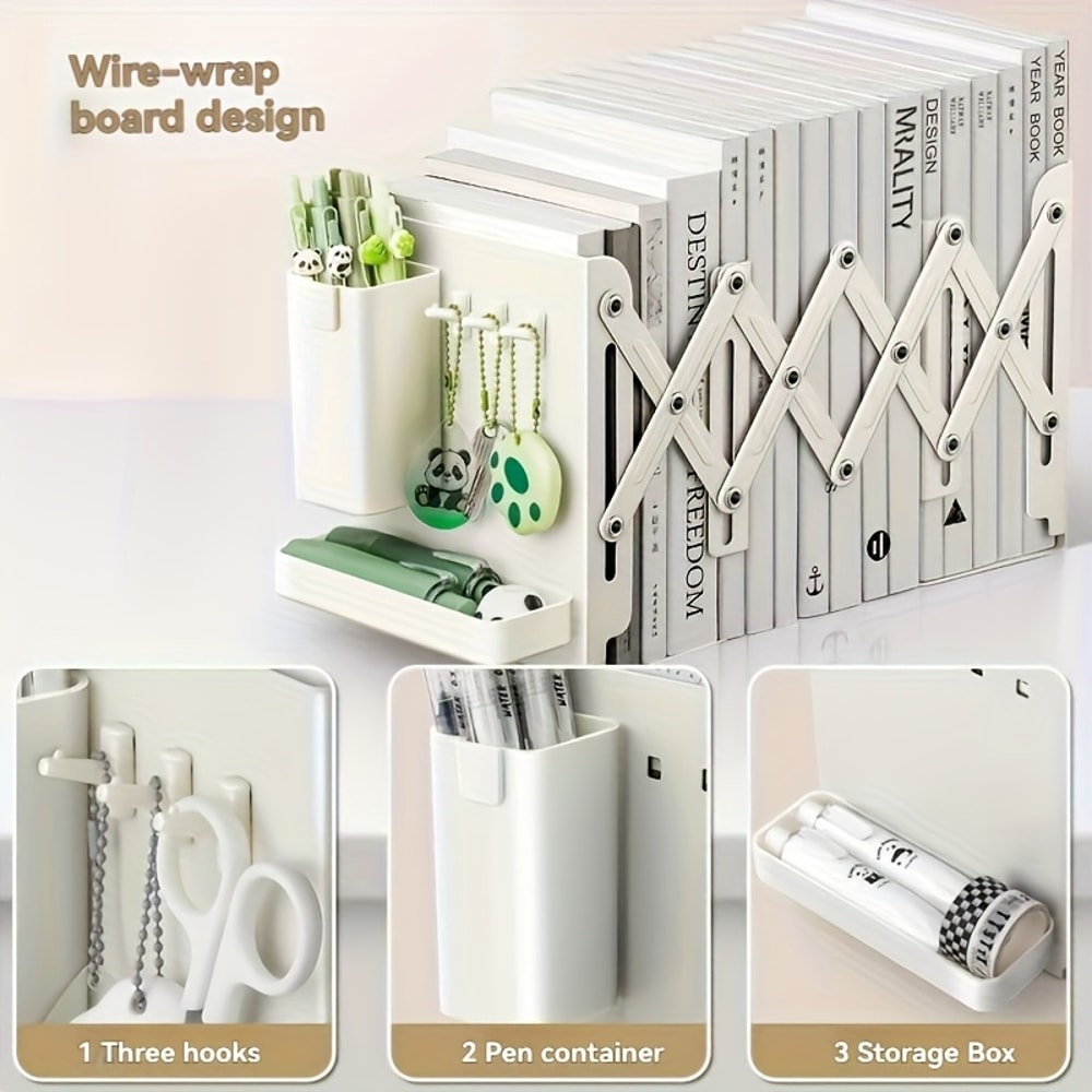 Retractable Bookends With Pen Holder Hooks And Storage Boxes Foldable SpaceSaving Desktop Organizer 3