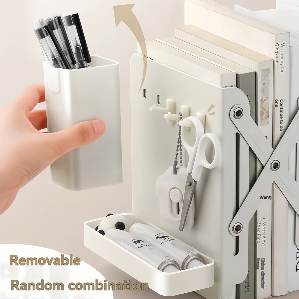 Retractable Bookends With Pen Holder Hooks And Storage Boxes Foldable SpaceSaving Desktop Organizer 5