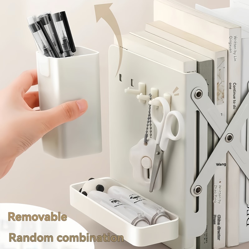 Retractable Bookends With Pen Holder Hooks And Storage Boxes Foldable SpaceSaving Desktop Organizer 5