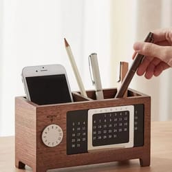 creative wooden multifunctional box organizer, stationery control for pen, pencil, remote storage, desktop calendar hold