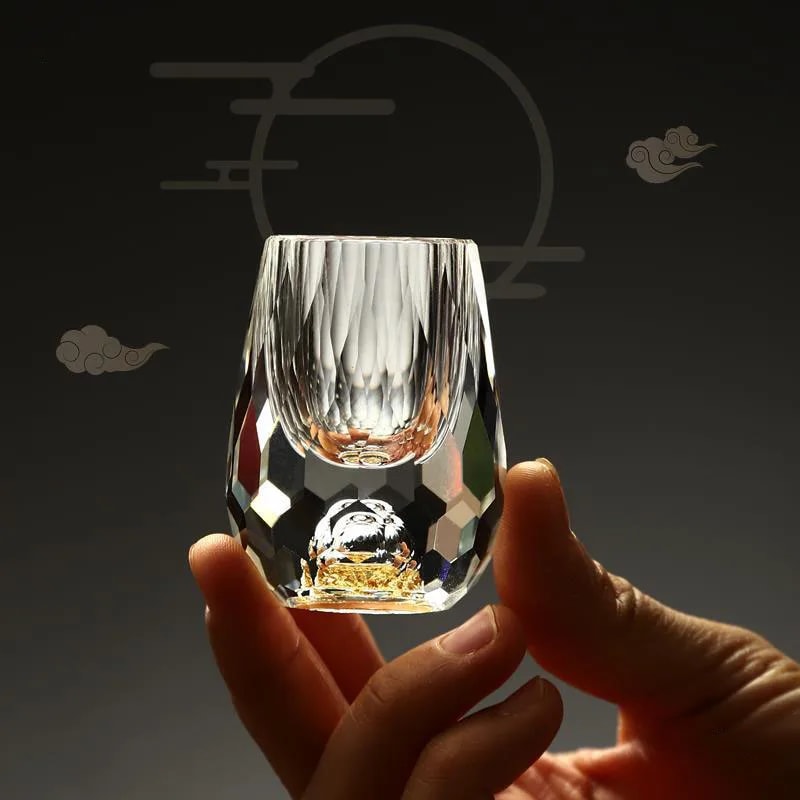 Luxury Crystal Glass Vodka Sake Shochu Glass Double Bottom Gold Foil Tea Cup Highend Bar Liqueur Pe 2
