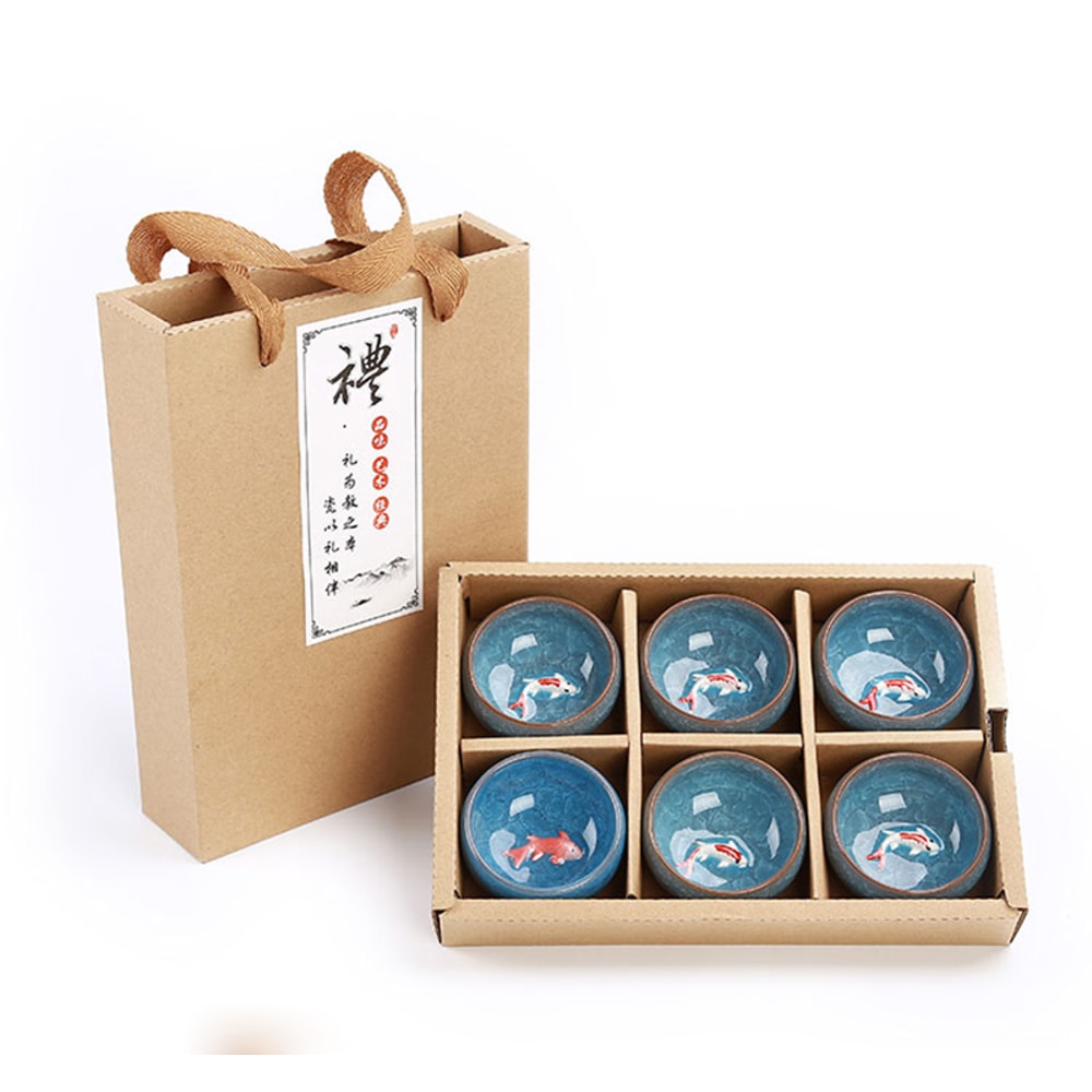 Kung Fu Tea Set Crackle Glaze Gift Package 3D Golden Fish China Tea Cup Set Chinese Teacup Sets Tra 8