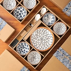 hand-painted japanese ceramic bowl set, kitchen noodle tableware set, microwave safe gift box set for dining