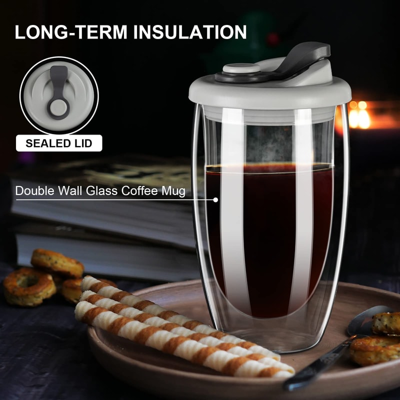 Insulated Coffee Mug Double Wall Glasses With Silicone Lid High Borosilicate Glass Cup Drinkware 2