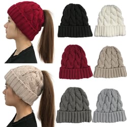 women winter beanies knitted, girls cap twist crochet winter hats, female pompom beanie ear braid ponytail skullies hat