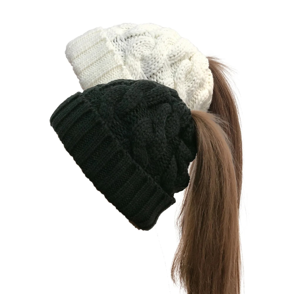 Women Winter Beanies Knitted, Girls Cap Twist Crochet Winter Hats, Female Pompom Beanie Ear Braid Ponytail Skullies Hat