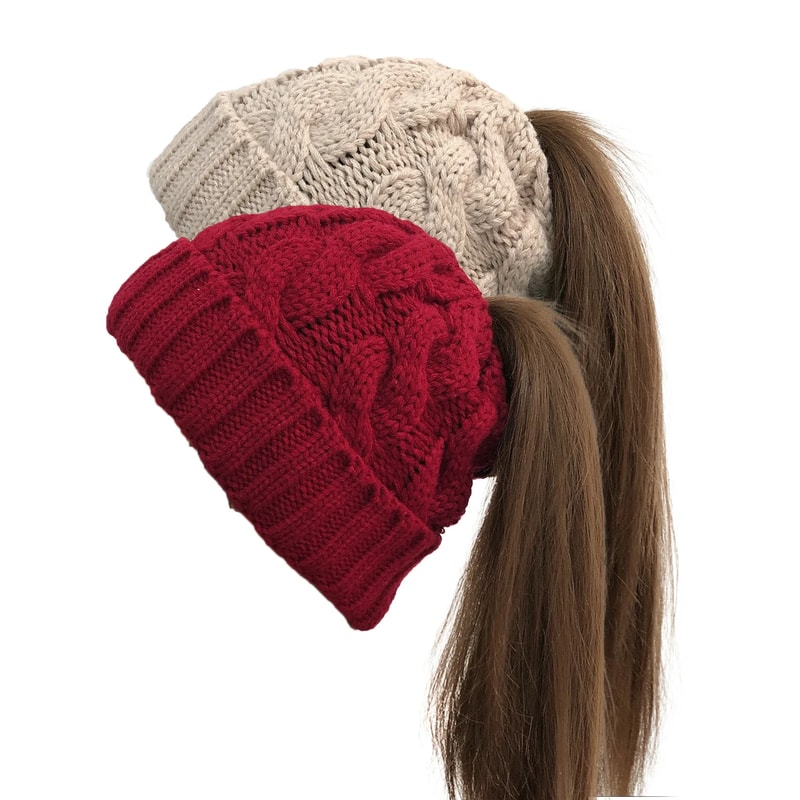 Women Winter Beanies Knitted, Girls Cap Twist Crochet Winter Hats, Female Pompom Beanie Ear Braid Ponytail Skullies Hat