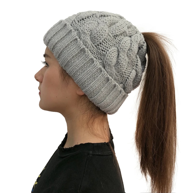 Women Winter Beanies Knitted, Girls Cap Twist Crochet Winter Hats, Female Pompom Beanie Ear Braid Ponytail Skullies Hat