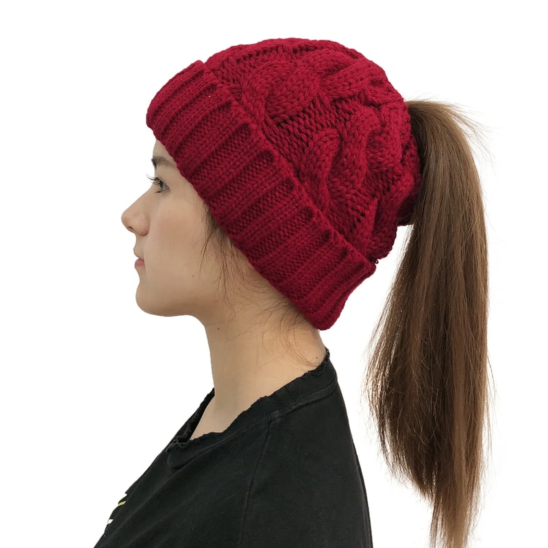 Women Winter Beanies Knitted, Girls Cap Twist Crochet Winter Hats, Female Pompom Beanie Ear Braid Ponytail Skullies Hat