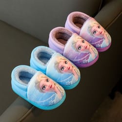 elsa winter cotton slippers for girls, disney princess frozen heel slippers, black purple kids' warm flats shoes
