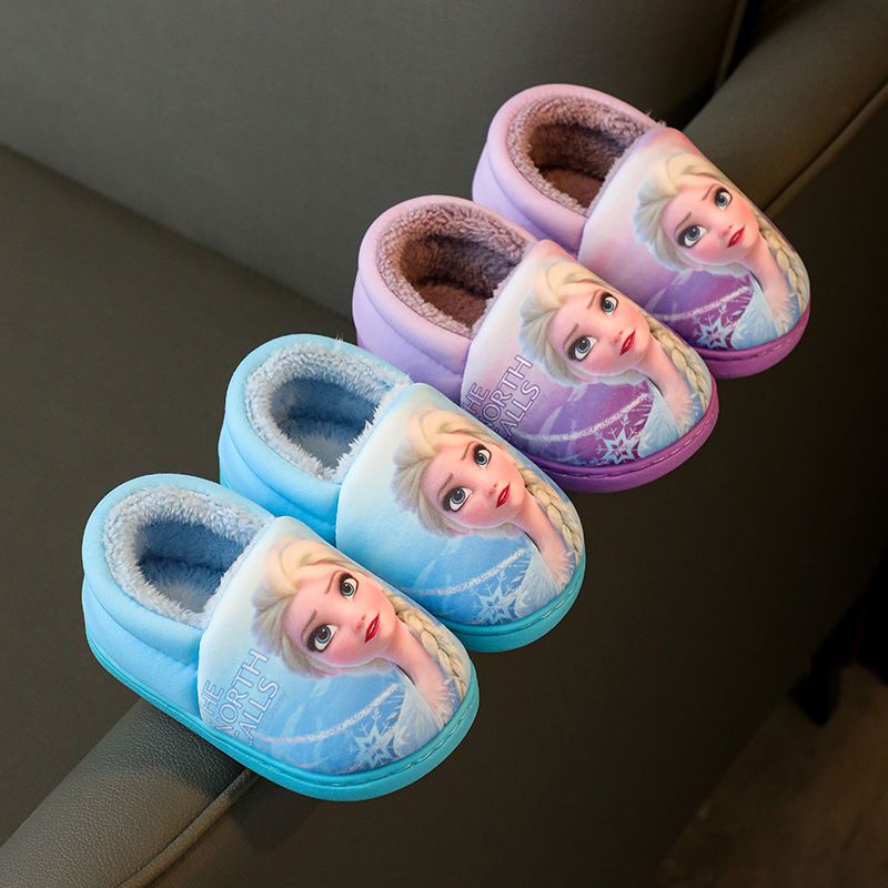 Elsa Winter Cotton Slippers For Girls Disney Princess Frozen Heel Slippers Black Purple Kids Warm F 0