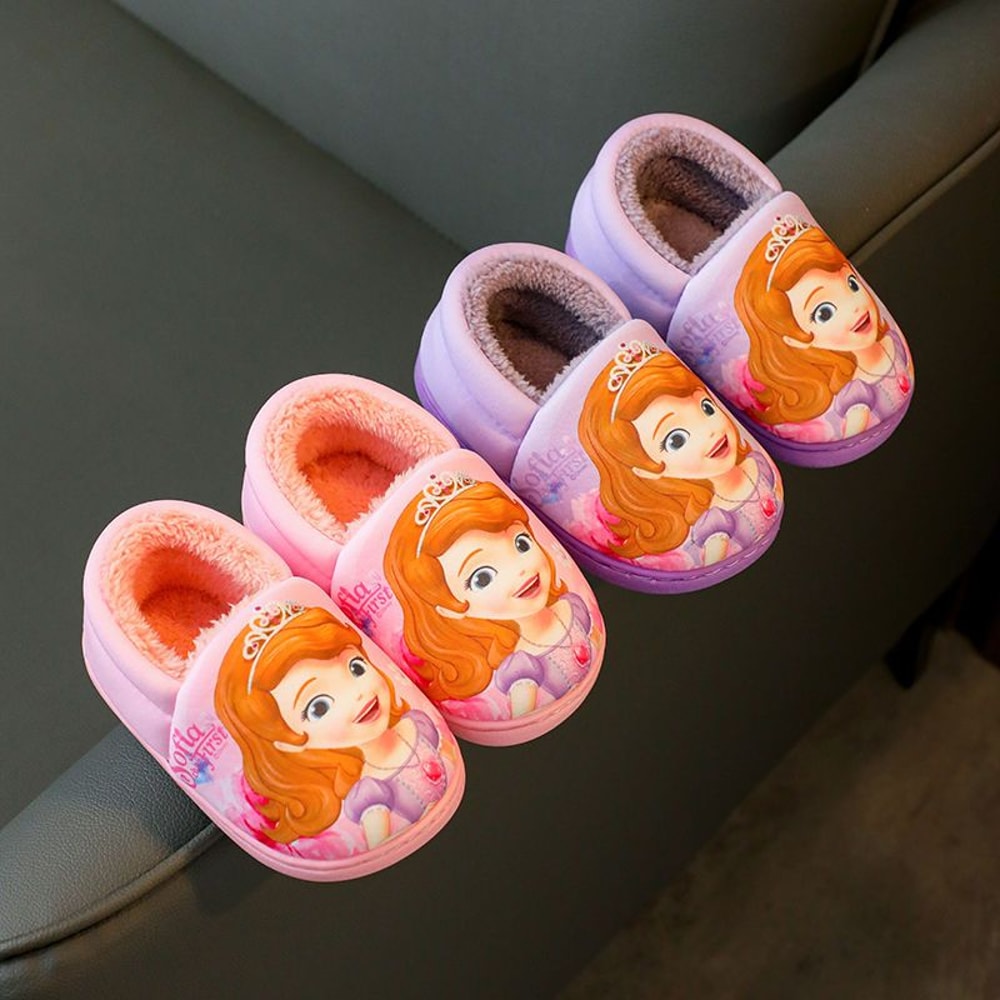 Elsa Winter Cotton Slippers For Girls Disney Princess Frozen Heel Slippers Black Purple Kids Warm F 1