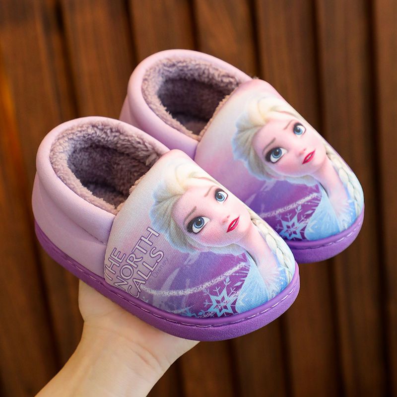 Elsa Winter Cotton Slippers For Girls Disney Princess Frozen Heel Slippers Black Purple Kids Warm F 3