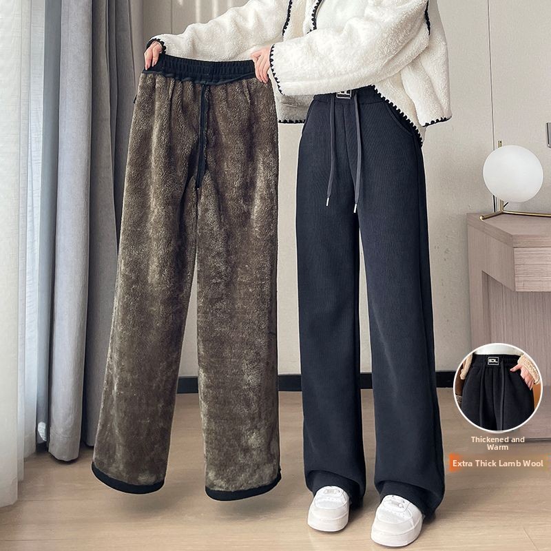Womens Autumn Winter New Style Thickened Fleece Wide Leg Pants Casual Loose High Rise Straight Leg 0