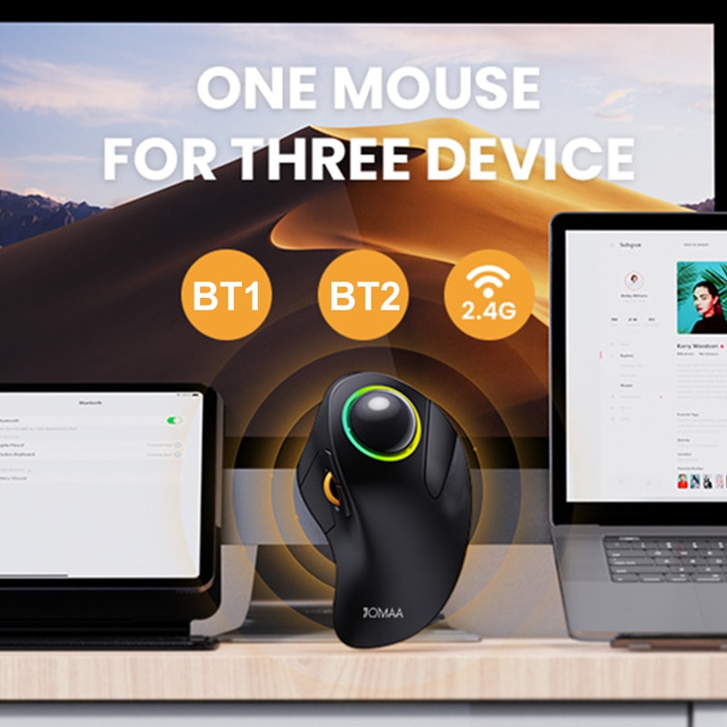 Ergonomic Rollerball Gaming Mouse Rechargeable Wireless Trackball Bluetooth RGB Gear Adjustable 2