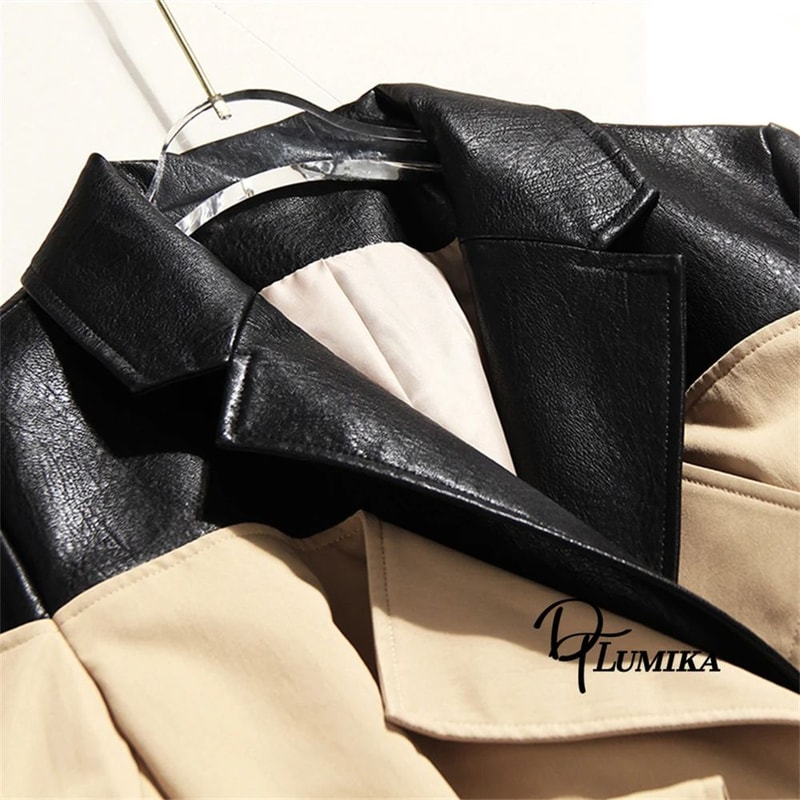 Elegant Office Lady Genuine Leather Trench Coat Double Breasted Streetwear Slim Belt Fashion Patchw 3