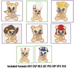 cute wannabe bears applique set – 8 designs for 4x4 hoops cowboy, policeman, nurse, teacher, fireman & more