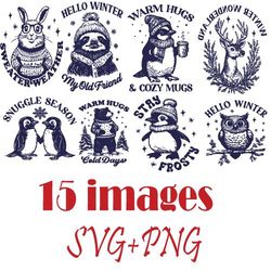 cute winter animal quote svg png bundle 15 cozy winter animals for crafting & design.