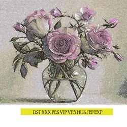 elegant bouquet of roses in vase photo stitch embroidery design for floral home decor and craft projects.
