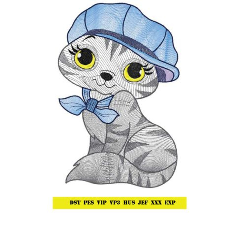 Adorable Kitty In Cap And Bow Embroidery Design Cute Cat With Bow Tie And Hat Pattern For Crafts 0