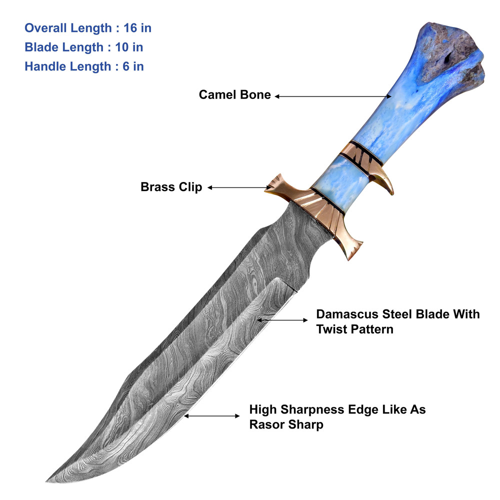 Handmade Damascus Bowie Knife Sharp Edge Bone Handle Fixed Blade Hunting Bowie Knife 16 Bowie Knife