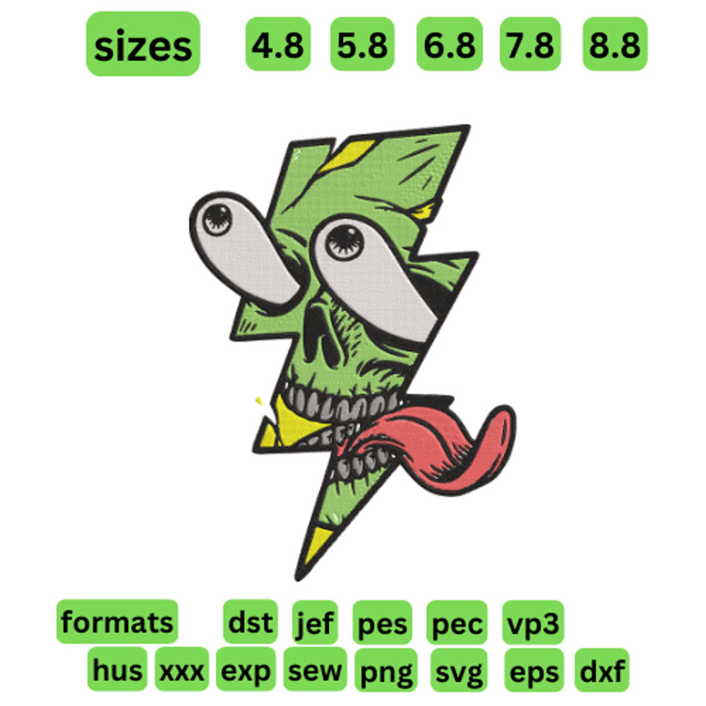 Psycho Bolt Skull  Embroidery  Vector Art  Digital Download 0
