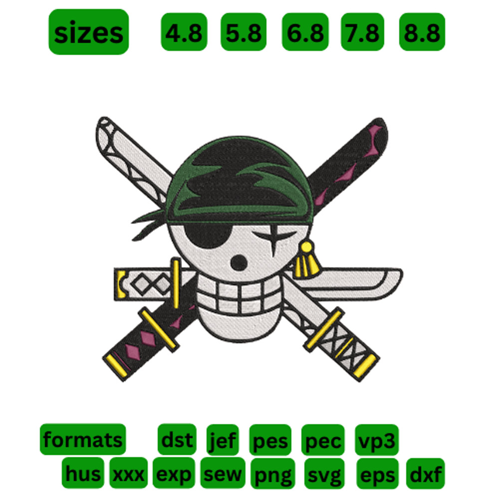 One Piece  Roronoa Zoro Logo  Embroidery  Vector Art  Digital Download 0