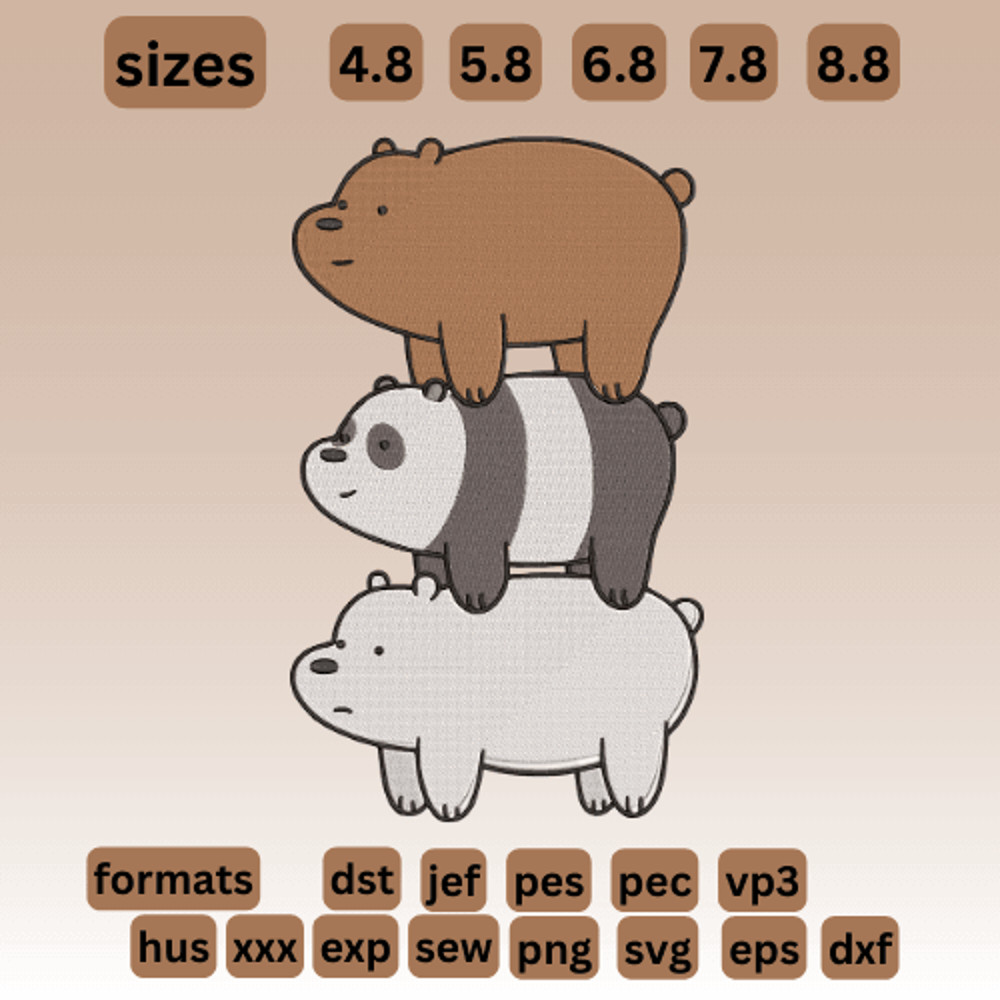 We Bare Bears Trio  Embroidery  Vector Art  Digital Download 0