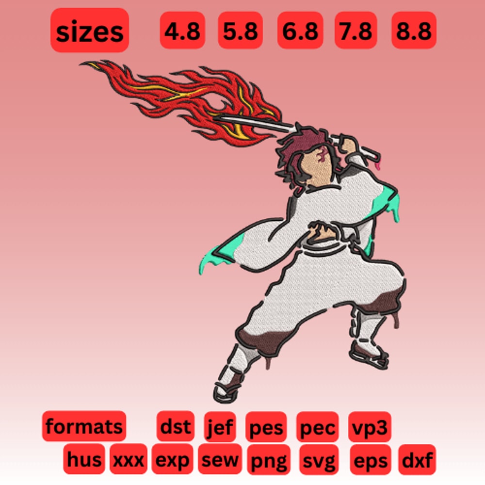 Demon Slayer Tanjiro Kamado Hinokami Embroidery Vector Art Digital Download 0