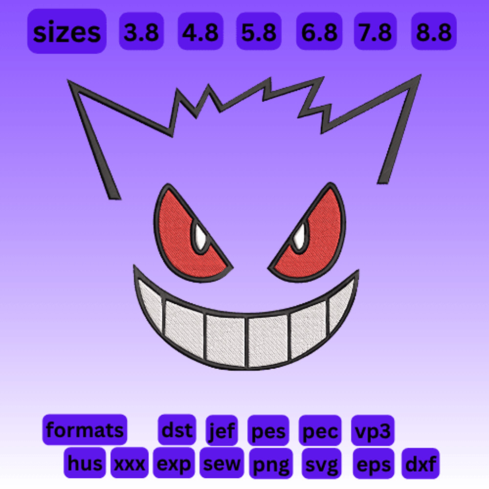 Pokemon  Gengar Face  Embroidery  Vector Art  Digital Download 0