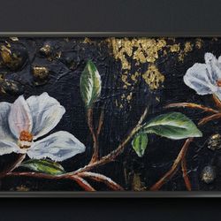 flower painting mix media gold leaf artwork