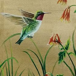 green sparrow and leaves and flowers.